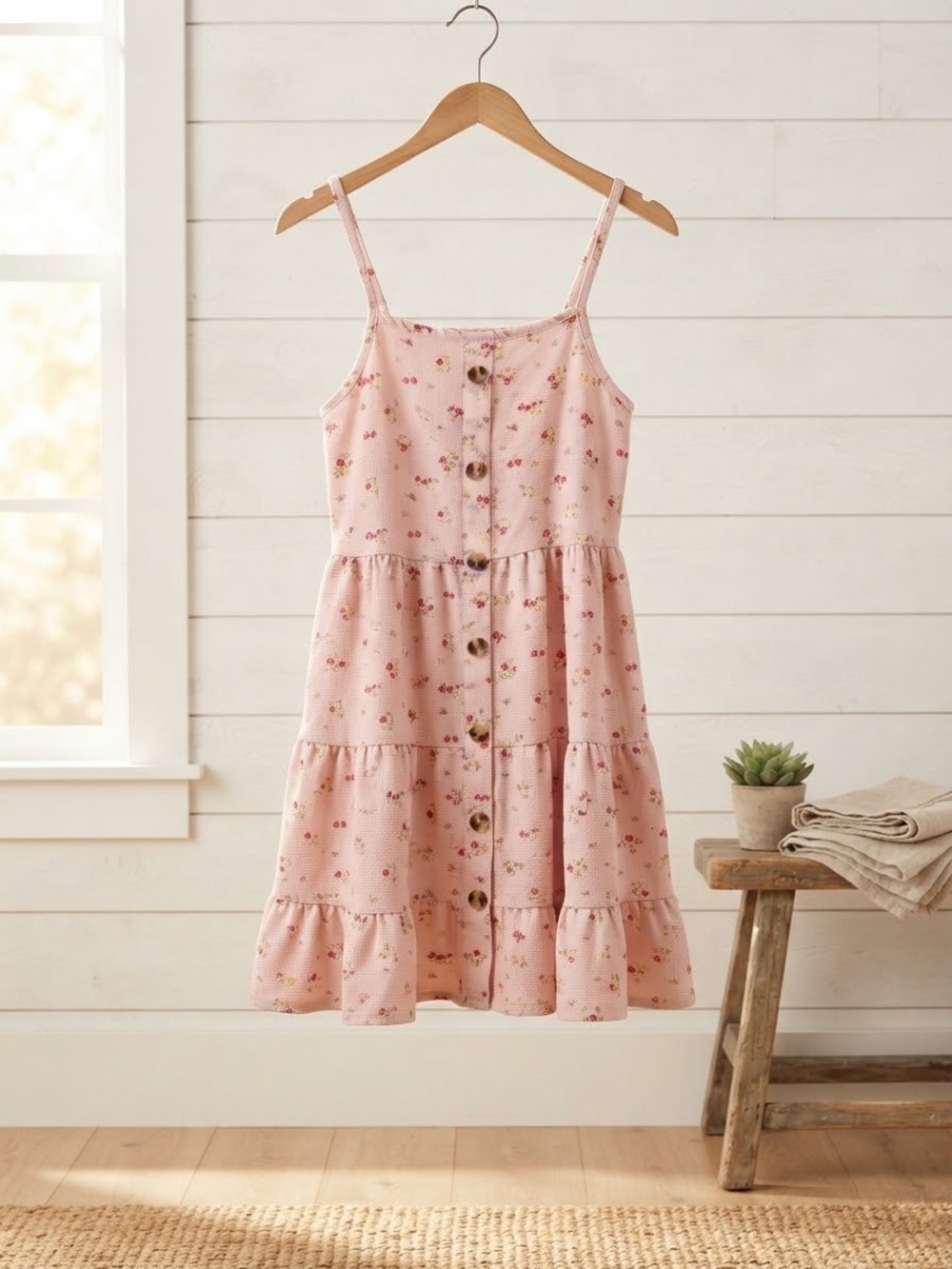 Beautees Pink Floral Tiered Button-Front Dress
